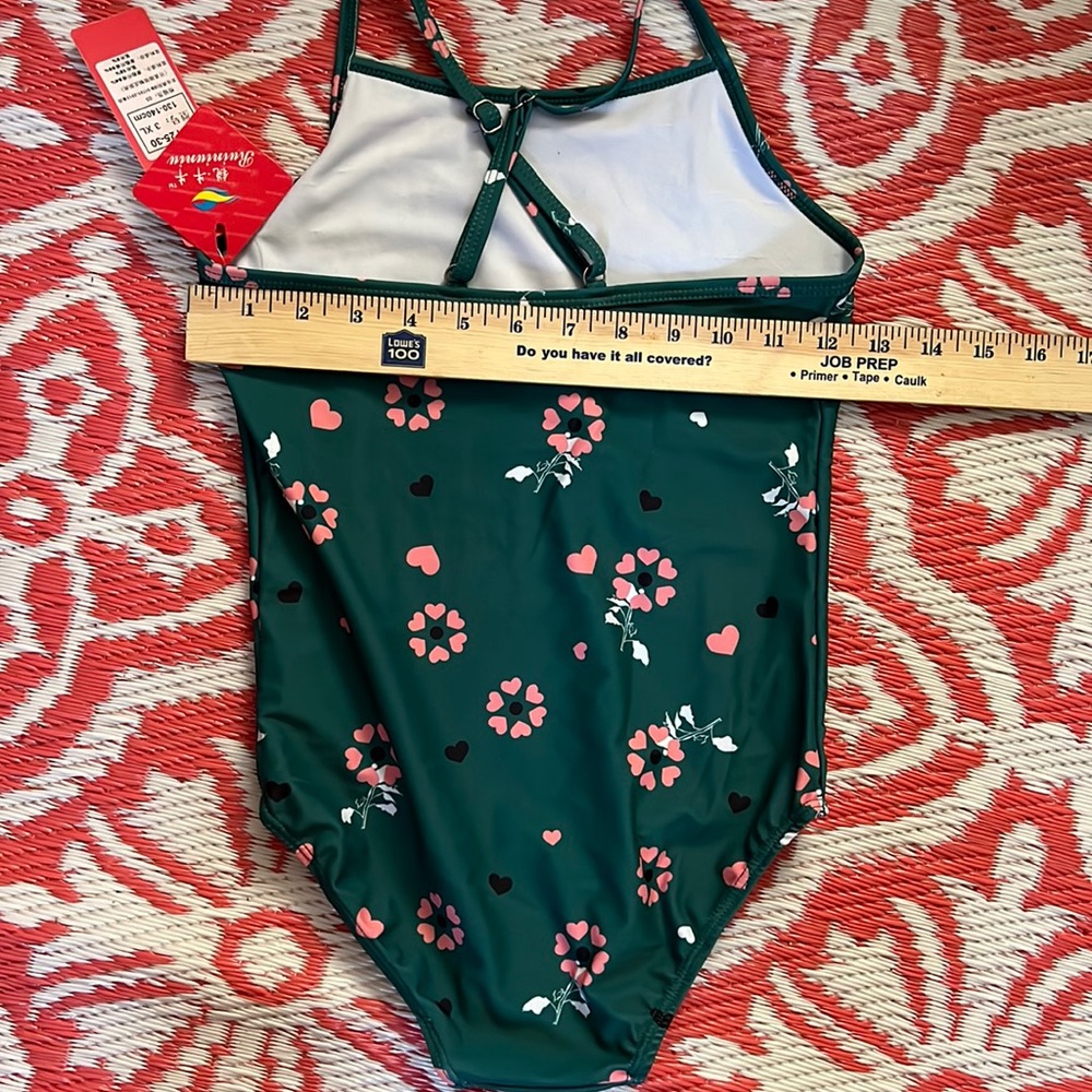 NWT one piece swimsuit lined adj straps bathing suit Green pink flowers hearts
